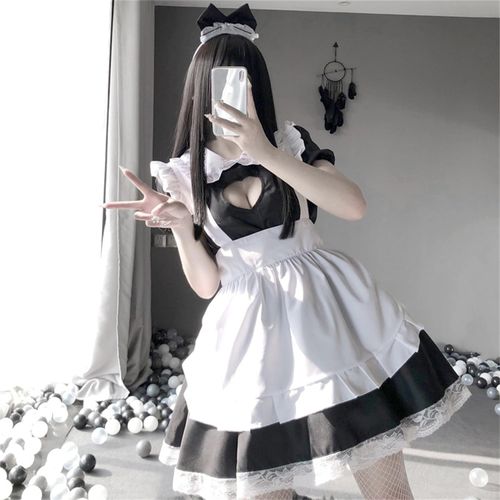 Harukita Maid Clothes Cosplay Set, Sexy Costume, Apron, Sexy Lolita, Costume, Lingerie, Babydoll, One Size Fits Most, 3-Piece Set (Black Dress, Ruffle Apron, Cat Ear Headband) (3-Piece Set)