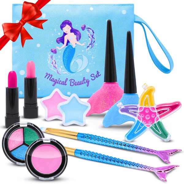 TOYLI Mermaid Makeup Kit for Kids, 13-Piece Kids Make Up Kit for Girls, All Skin Tones, Kid-Friendly, Eyeshadow, Lip Gloss, Pretend, Gift, make up kits for girls ages 6-12, kids play makeup set for gi