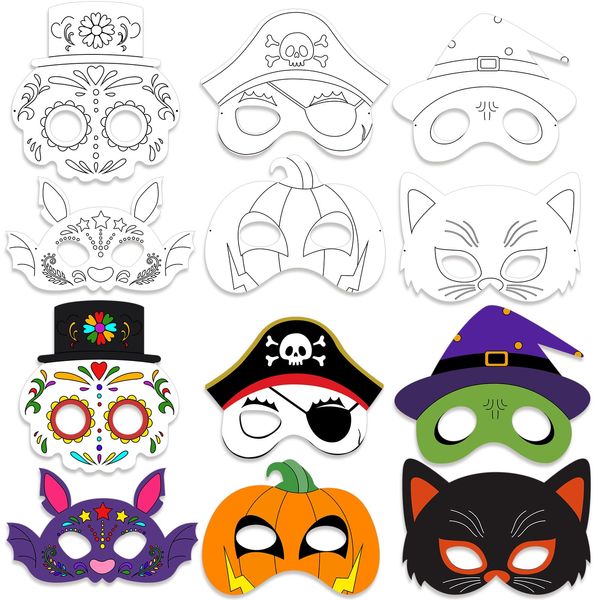 Fjoron 36 PCS Color Your Own Halloween Mask Craft Kit DIY Blank Paper Halloween Masks Halloween Party Crafts Halloween Cosplay Dress Up Home Activity Coloring Game