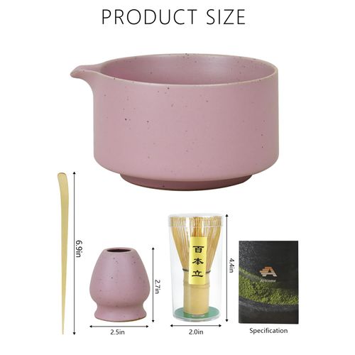 Artcome Matte Pink Matcha Bowl Set with Spout – Handmade Ceramic Chawan, Bamboo Whisk, Whisk Holder, Tea Scoop, and Matcha Manual – Japanese Tea Ceremony Set for Matcha Lovers