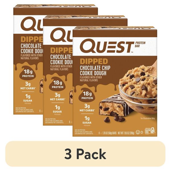 (3 Pack) Quest Dipped Protein Bars Low Sugar Protein Chocolate Chip Cookie Dough