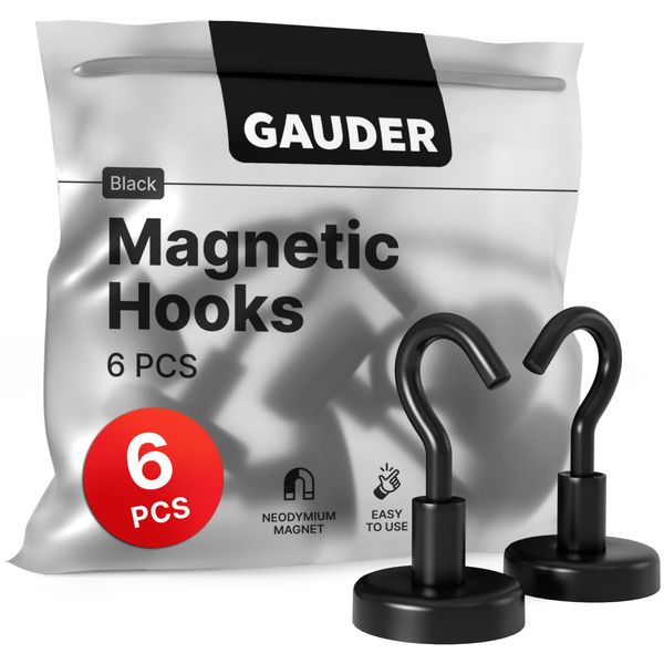 GAUDER Strong Magnetic Hooks Black | Neodymium Hooks for Fridges and Whiteboards | Magnets for Hanging