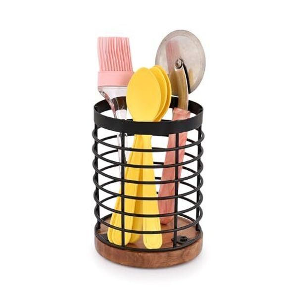 Black Iron Kitchen Utensil Holder with Acacia Wooden Base Round Flatware