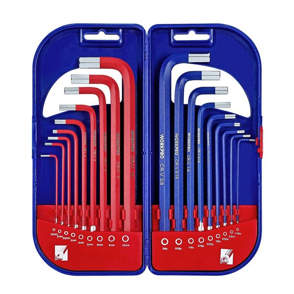 WORKPRO Hex Key Set, Metric/Imperial Hexagonal Hex Keys Set, Combined Long Arm Hexagon Key Set, 18-Piece, 1.5-10 mm and 1/16-3/8 Inch with Carry Case