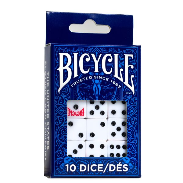 Bicycle Dice Set, Six Sided Dice, D6 Dice, Playing Dice, Standard Game Dice, 10 Count, White, 16 mm