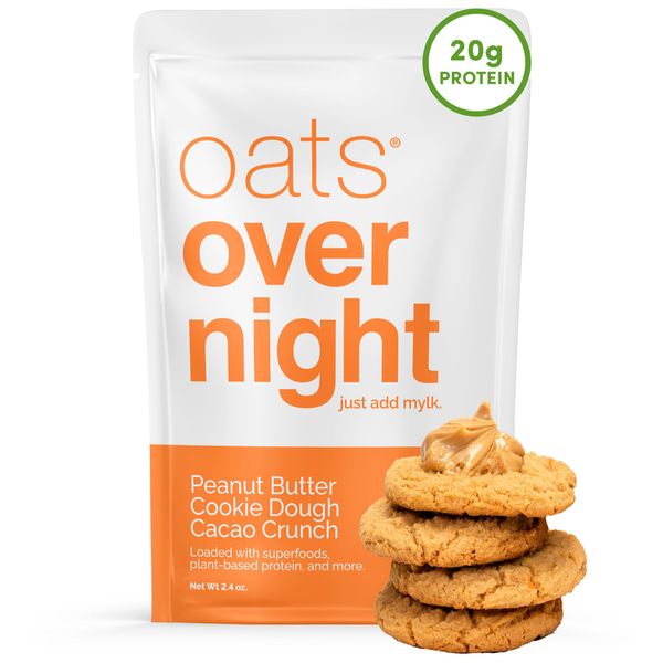 Oats Overnight - Peanut Butter Cookie Dough Cacao Crunch - Vegan, 20g Protein, High Fiber Breakfast Shake - Gluten Free, Non GMO Oatmeal (2.4 oz per meal) (16 Pack)