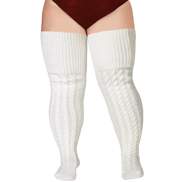 Wool Plus Size Thigh High Socks For Thick Thighs- Extra Long Womens Warm Cable Knit Over Knee Stockings Leg Warmers