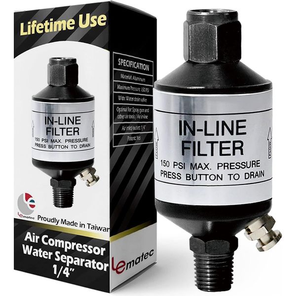 Air Compressor Water Separator, 1/4 NPT Inline Moisture Filter & Water Trap with