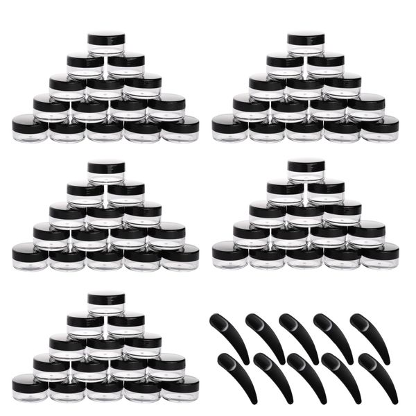 100 Pcs 10g Small Sample Containers with Lids and 10 Pcs Cosmetic Spatula, Empty Lip Balm Containers Refillable Plastic Jars for Skincare Products