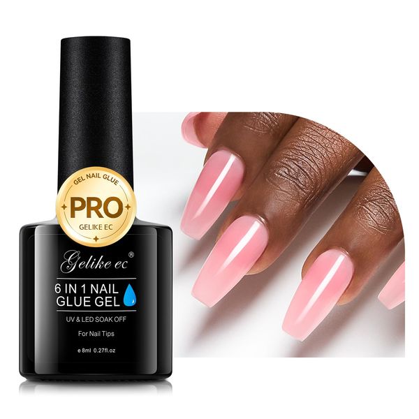 Gelike ec Gel Nail Polish - 6 in 1 Nail Glue Pink Nail Polish, Base Coat Soak Off UV LED Long Lasting Extension Gel Adhesive Glue for Press On Nail Tips French Home Salon, Sheer Blush Pink