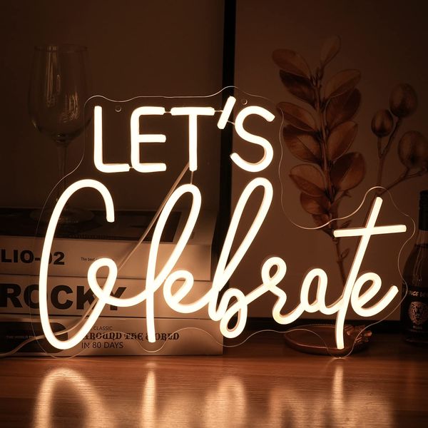 Let's Celebrate Neon Sign Dimmable Warm White Neon Light Let's Celebrate Neon Signs for Wall Decor Powered by USB Words LED Lights for Bedroom Party Thanksgiving(16.5"x11.8")