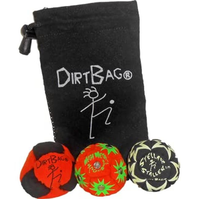 Dirtbag All Star Footbag Hacky Sack 3 Pack with Pouch, 100% Handmade, Premium Quality, Bright Vivid Colors, Signature Carry Bag - Black/White