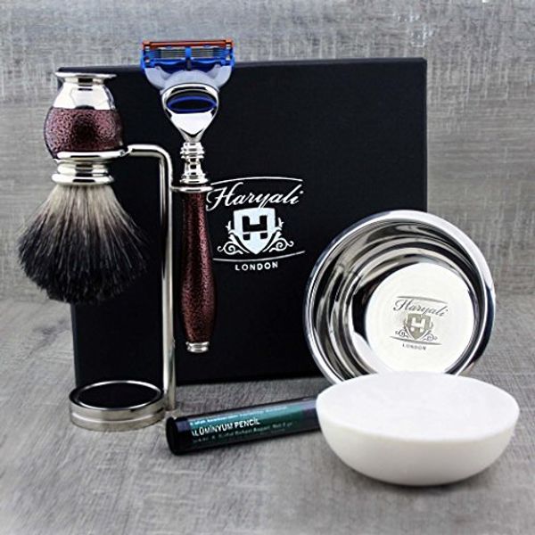 Haryali London 6pc Shaving Kit 5 Edge Razor with Black Badger Hair Shaving Brush, Stand, Soap, Bowl and Alum Perfect Set for Mens