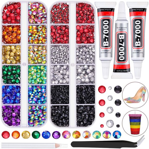 8500 PCS Flatback Rhinestones for Crafting and 3PCS B7000 Glue (Pack 1), 2 Boxes of Rainbow Resin Rhinestones Gems Charms for Bedazzling DIY Crafts Fabric Clothing Tumblers Shoes Nail Art