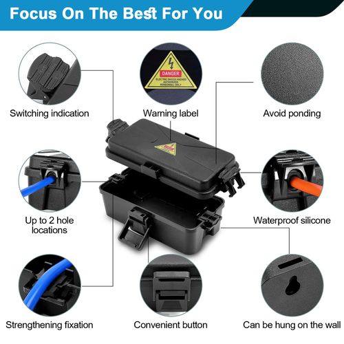 DIQMIAQ Electrical Box IP54-rate Waterproof Junction Box (7.6 x 3.9 x3.3 inch) Outdoor Socket Box with 2 Cable Entries/Exits for Protect Outdoor Extension Lead, Outdoor Plug Sockets (Black 1 PCS)