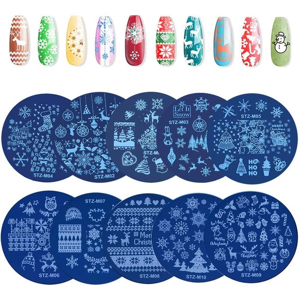 EBANKU 10 Pezzi Set di Nail Art Stamping Stampini, Nail Art Template Stencil Kit Fiocco di Neve Piatti per Timbri per Unghie per Donna Ragazze Decorazione Unghie Natalizie (A)