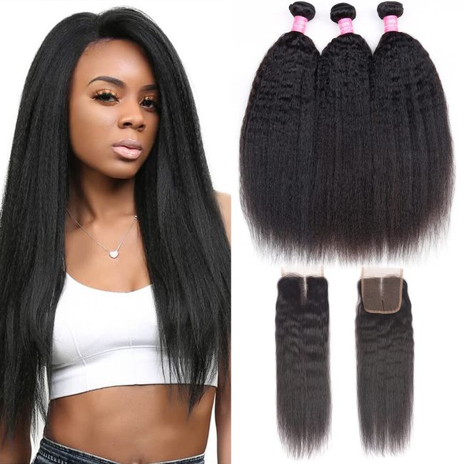 Kinky Straight Bundles with Closure 10A Kinky Straight Human Hair 3 Bundles with 4x4 Lace Closure Unprocessed Brazilian Virgin Human Hair Weave Extensions Natural Color (18 20 22+16 closure)