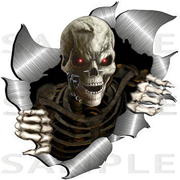 Medium Size Single Metal Rip Open Torn Metal Effect Skeleton Skull Sticker