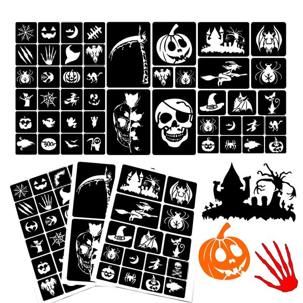 XMASIR 45Pcs Halloween Glitter Tattoo Schablone Kit für Kinder Party Dekoration Chlidren Zeichnung Vorlagen Temporäre Tattoo Sitcker Set (3 Blätter)