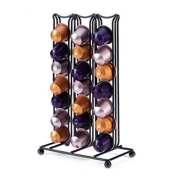 Coffee Pod Capsule Holder for 42 Pieces Nespresso Coffee Capsules, Coffee Capsule Display Pods Stand Shelf, Coffee Capsule Storage Rack Chrome Finish for Kitchen Space-Saving (Black)