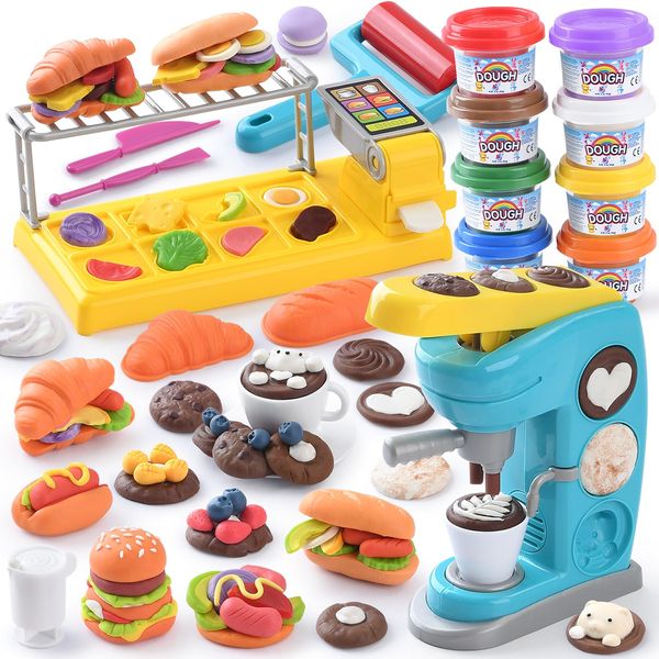 PLAY Color Dough Sets for Kids 2-4 4-8, Toy Kitchen Creation Cafe Play Dough Sets, Playdough Tools, Play Dough Coffee Maker Set, Arts and Crafts Play Dough for Girls Boys, 8 Cans of Modeling Compound