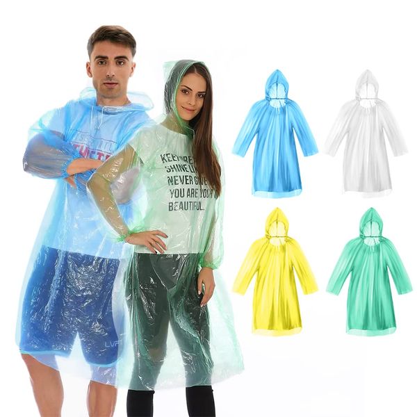 4 Pack Disposable Rain Ponchos, Waterproof Ponchos Adults Rain Poncho Emergency Waterproof Rain Coat Poncho with Drawstring and Hood, Suitable for Festivals, Camping, Hiking and Everyday Commute