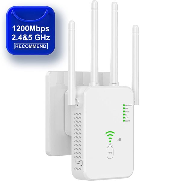 WiFi Extender Booster, Lychico 1200Mbps WiFi Extender Booster Dual Band 5GHz&2.4GHz Wireless Signal Booster with Ethernet/LAN Port, WiFi Repeater Support WPS Simple Setup, UK Plug