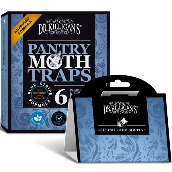 Dr. Killigan's Premium Pantry Moth Traps with Pheromones Prime | Safe, Non-Toxic with No Insecticides | Sticky Glue Trap for Food and Cupboard Moths in Your Kitchen | Organic (6, Blue)