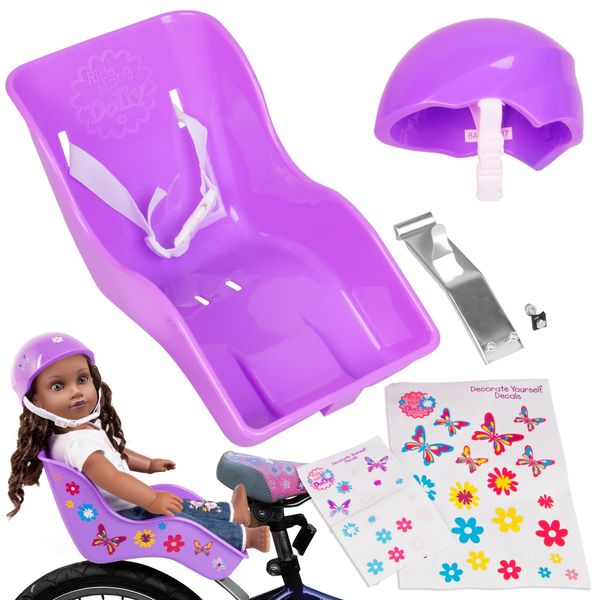 Doll Bicycle Seat & Helmet Pack(Purple)-Attachment for 18-22" Dolls & Stuffed Animals w Decal Stickers! Kids, Compatible w American Girl