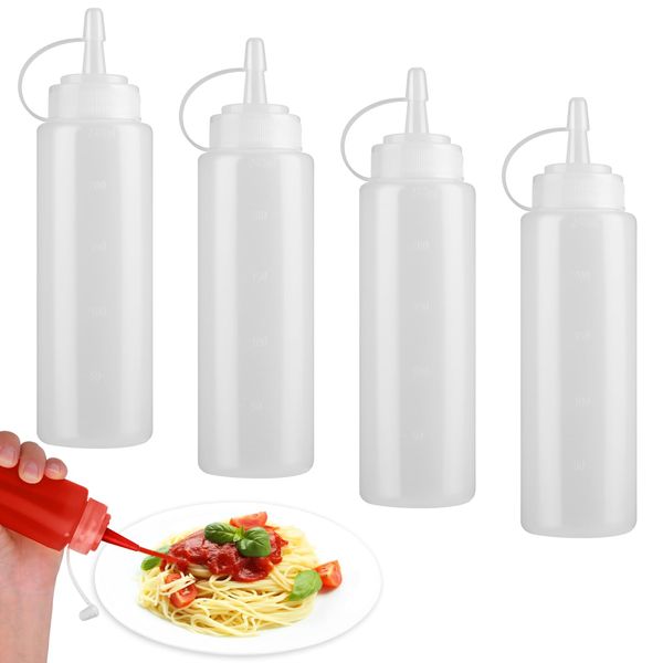 Grevosea 4 Pack Squeeze Bottles, 240ml/8.5oz Plastic Squeezy Sauce Bottles Squeezy Condiments Bottle with Caps & Marks No-Leak for Sauce Olive Oil, BBQ, Condiment, Hot Sauce