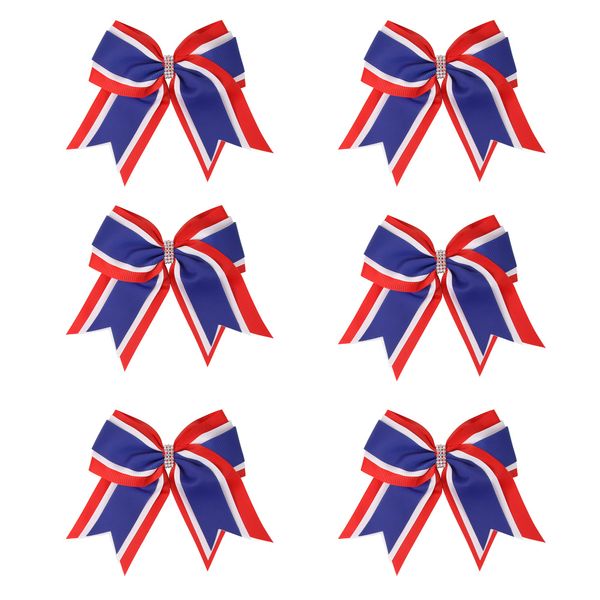 8 Inch 3 Colors 3 Layers 6 Pcs Cheerleader Bows Jumbo Cheerleading Bows Hair Elastic Hair Tie for High School College (Red/White/Royal blue)