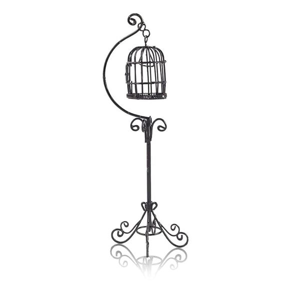 Dollhouse Birdcage 1:12 Scale Accessories Miniature Bird Cage Floor Stand Openable Cage Alloy Birdcage Model Mini House Decoration Ornament (Black)