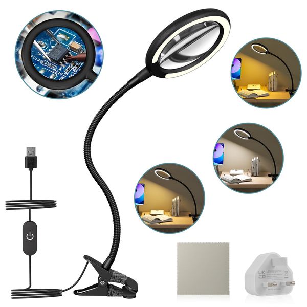 3X Magnifying Lamp - Clamp Magnifying Glass with Light 3 Color Dimmable Setting for Reading, Seniors, Hobbies, Craft