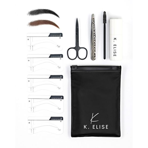 Eyebrow Stamp Stencil Kit w/Free Eyebrow Shaping Tweezer, Spoolie and Scissors Included| Perfect Eyebrow Stencil Kit for One Step Eyebrow Shaping | Waterproof and Long Lasting Powder Finish (Black)