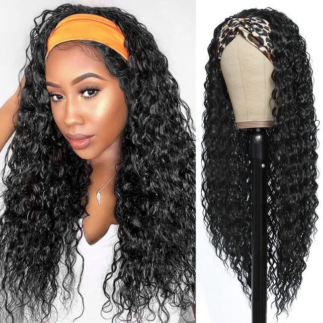 Headband Wig Curly Headband Wigs for Women Water Wave Headband Wigs 180% Density Synthetic Glueless Half Wigs with Headbands Attached (26 Inch,1B)