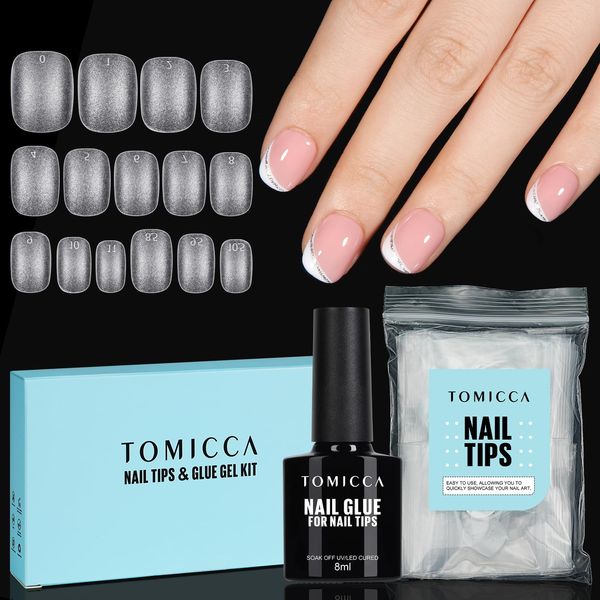 TOMICCA Nail Tips and Glue Gel Kit, 4 In 1 Nail Glue and Base Gel with Extra Short Oval Nail Tips Nail Extension Kit, DIY Nail Art Acrylic Nail Kit Easy Nail Extension Set, 15 Size 150Pcs