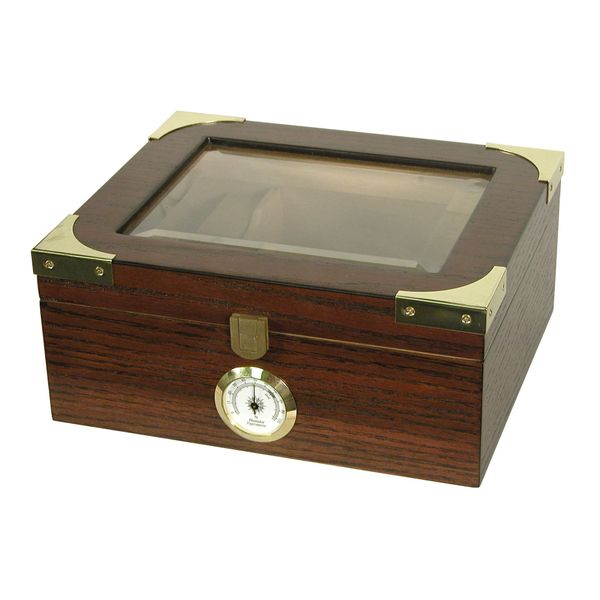 Desktop Humidor, Capri Elegant, Tempered Glasstop, Spanish Cedar Divider, Brass Ring Glass Hygrometer, Holds 25 to 50 Cigars