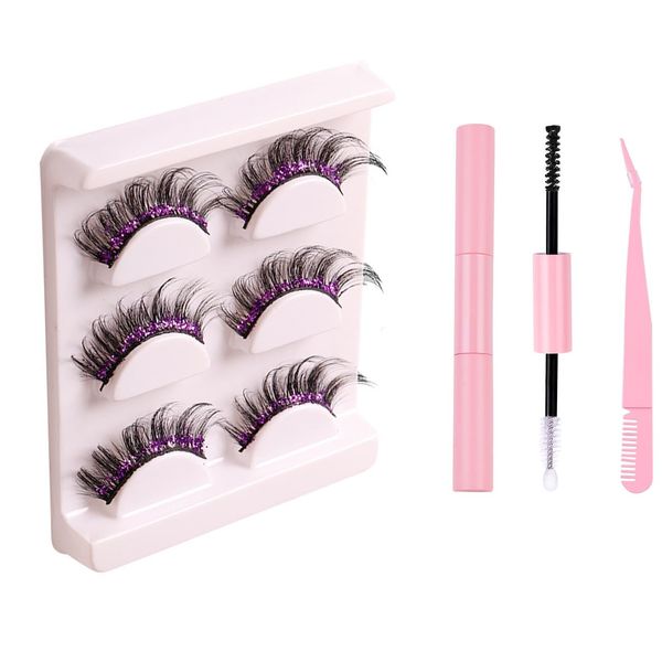 FAIRYGATE Reusable Adhesive Eyelashes 3 Pairs Colored Cosplay False Lashes Long Glitter Eyelash with Lash Glue and Pink Tweezers Clothing Make up Chemical Fiber, B4817