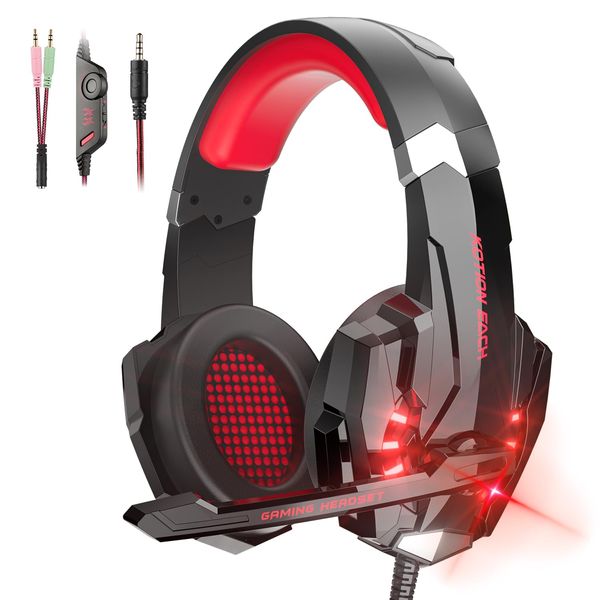 PHOINIKAS Gaming Headset PS4 Headset PS5 Gaming Headphones Wired with Precision Mic Wired Switch Headphones Deep Bass LED Light with Controller Mute Lightweight for Gaming FPS Phone Xbox One PC (Red)