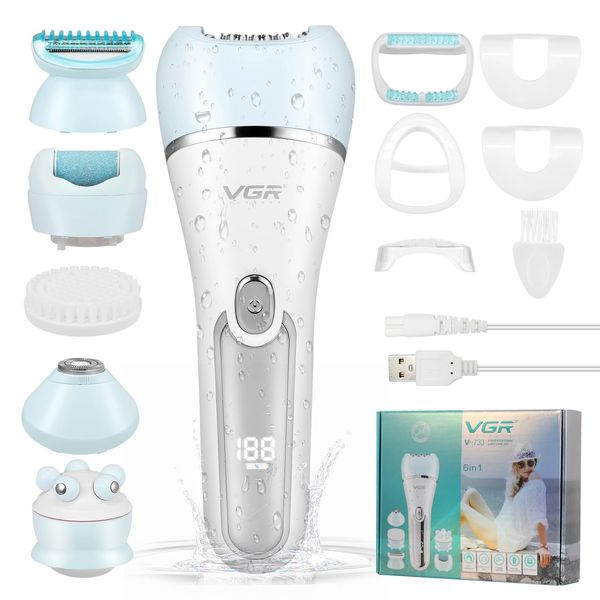 Epilator for Women, 6 in 1 Hair Removal with LED Light, 2 Speeds, Rechargeable & Cordless Razor, Wet and Dry Shaver, Exfoliator, IPX7 Waterproof Electric Hair Remover for Face Legs Arms Armpit Bikini