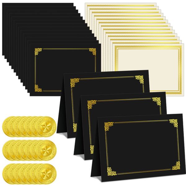 72 Pcs Certificate Kit Includes 24 Pcs Certificate Holders 24 Pcs Certificate Papers 24 Pcs Gold Foil Award Seals Stickers Diploma Covers Graduation Competition Supplies(Black)