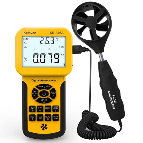 CFM Anemometer Digital Wind Gauge, Kethvoz HVAC Industrial Wind Meter Measure Wind Speed Airflow Temperature, with MAX/MIN/AVG & 600 Groups Data Memory, Wind Speed Meter KE-846A