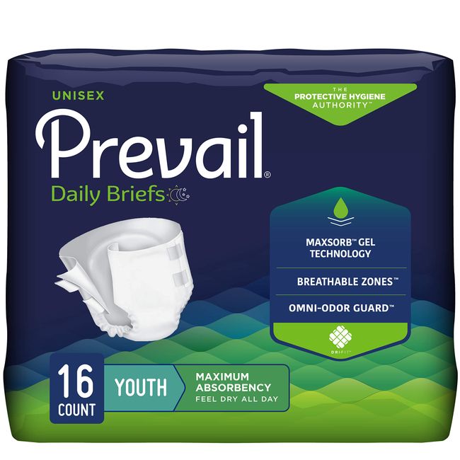 Prevail Incontinence Briefs, Unisex, Maximum Absorbency, Youth (15" - 22"), 16 Count