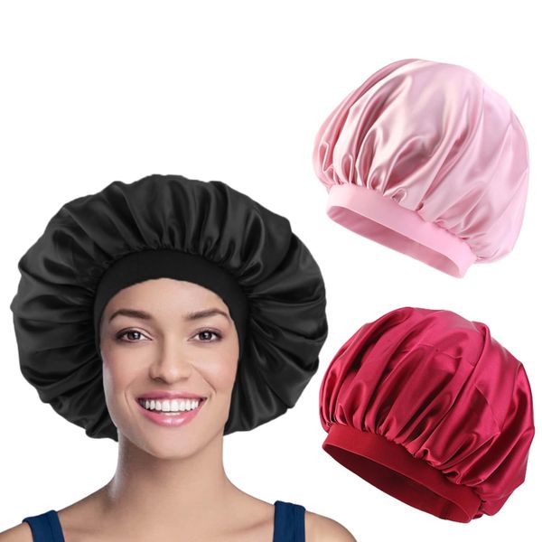 3Pcs Large Satin Bonnet Silky Sleep Bonnet, Night Sleeping Cap with Wide Elastic Band, Silk Hair Wrap for Sleeping, Sleeping Head Cover for Women Girls with Long Curly Hair (Pink,Black,Red)