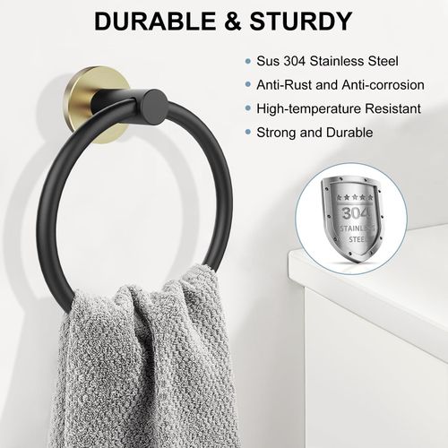 SetSail Towel Holder for Bathroom Wall 4 Packs Towel Ring Stainless Steel Heavy Duty Hand Towel Hanger for Bathroom Screw-in, Black and Gold