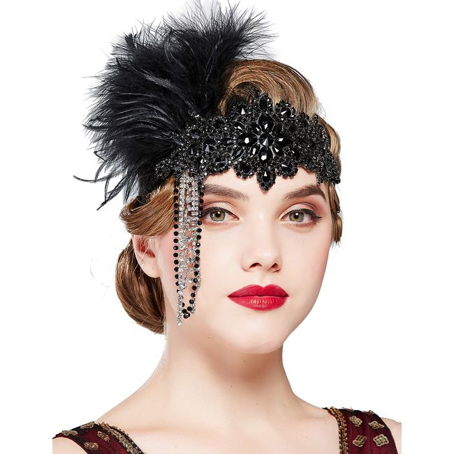  BABEYOND 1920s Flapper Headband Feather Beaded Headpiece  Roaring 20s Great Gatsby Hair Accessory for Party (Black) : Clothing, Shoes  & Jewelry
