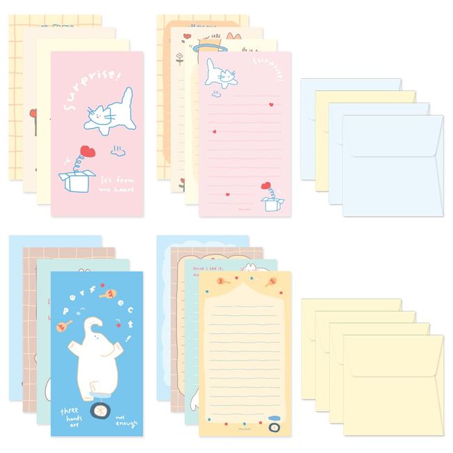 Monolike Story Town Afternoon Mini Stationery Notes + Envelopes, Set of 8 - Story Town Afternoon B Mini Letter Paper Set, 32 Pieces of Stationery Paper + 16 Envelopes