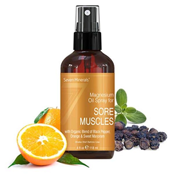 Sore Muscle Relief Magnesium Spray - Made in USA - Powerful Organic Blend of Essential Oils (Black Pepper, Orange, Sweet Marjoram) - for Cramps, Stiffness & More (4 fl oz)