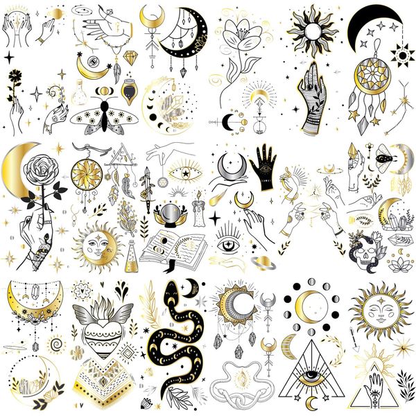 Glaryyears Metallic Gold Temporary Tattoo for Women Adults, 18-Pack Long-lasting Tiny Size Realistic Tattoos, Variety Pack Cute Floral Fake Tattoos, Makeup for Face Body Hand Arm Neck Party