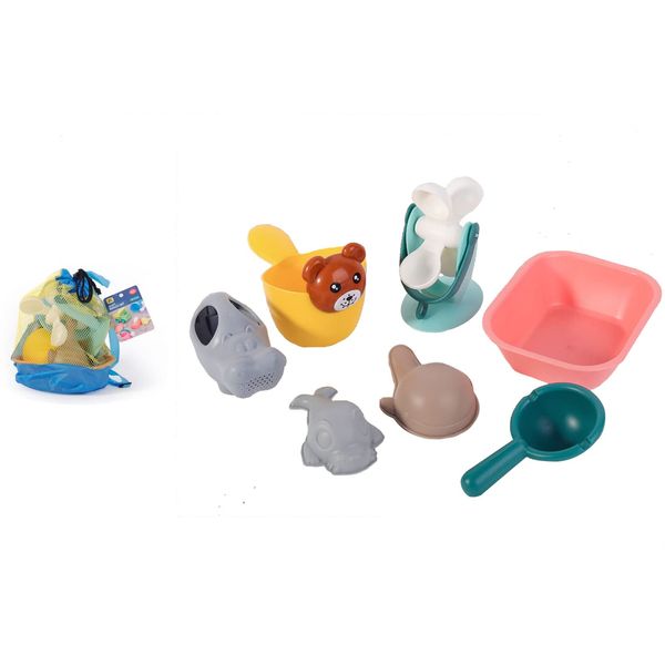 Soft Beach Toys Set for Kids, Beach Sand Toy. Set 7 pcs Including, Watering can, Sand Mill, Beach Bucket, Beach Molds, Shovel, Ideal for Toddlers. Soft and Safe.